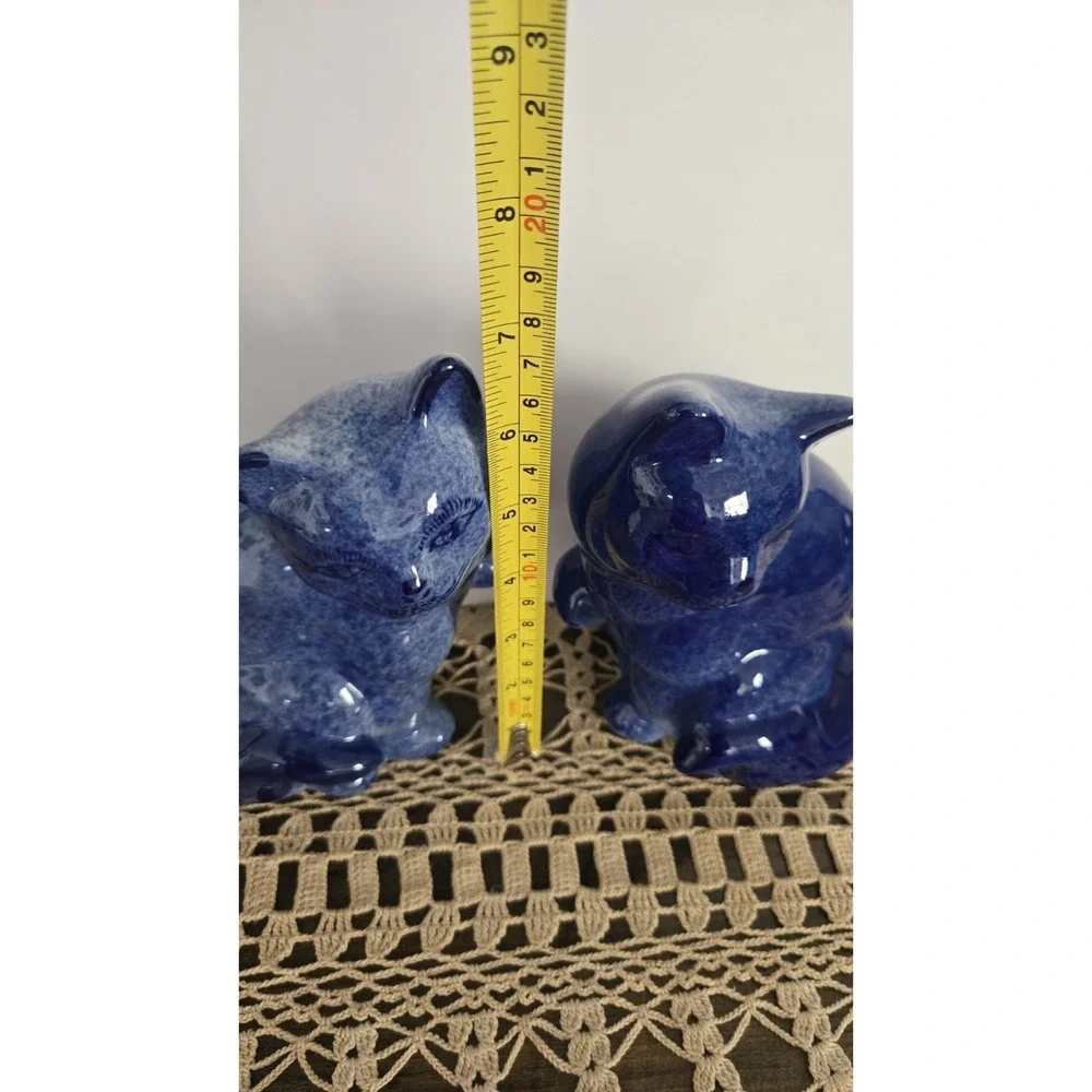 Vintage Blue Ceramic Cat Figurines Pair 7